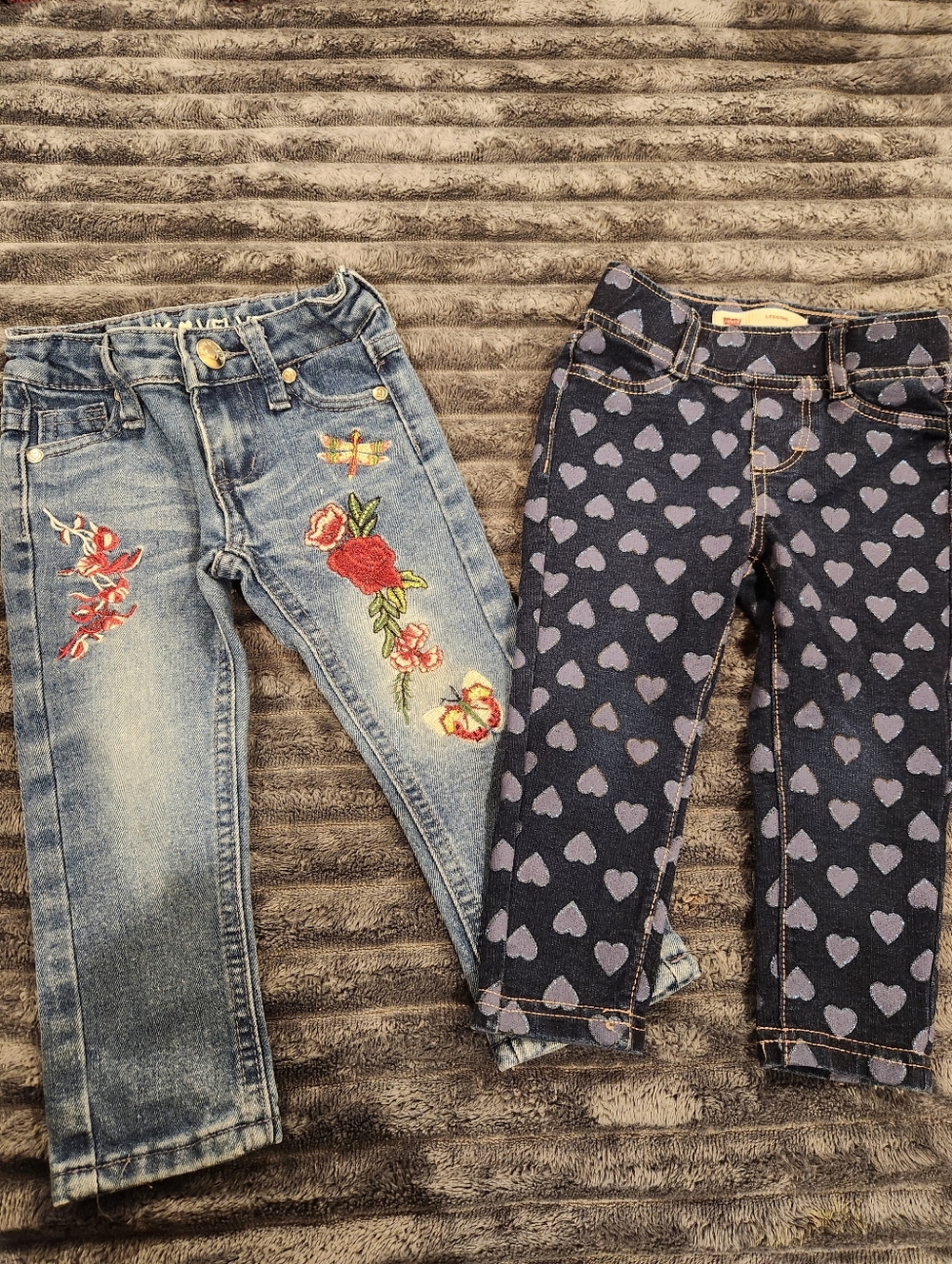 Embellished Light Blue Denim Jeans - Floral Embroidery and Spark Hearts, Size 2T